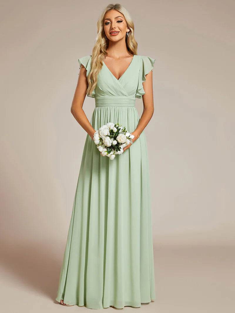 V-Neck Pleated Bridesmaid Dress with Ruffles and Waist Belt – Elegant A-Line Gown - Biamonde